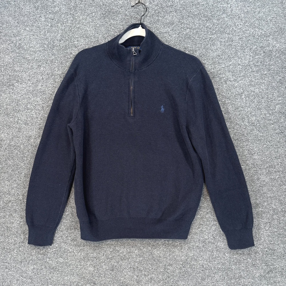 Polo Ralph Lauren Sweater Mens Medium Blue Cotton Knit Pullover 1/4 Zip Pony